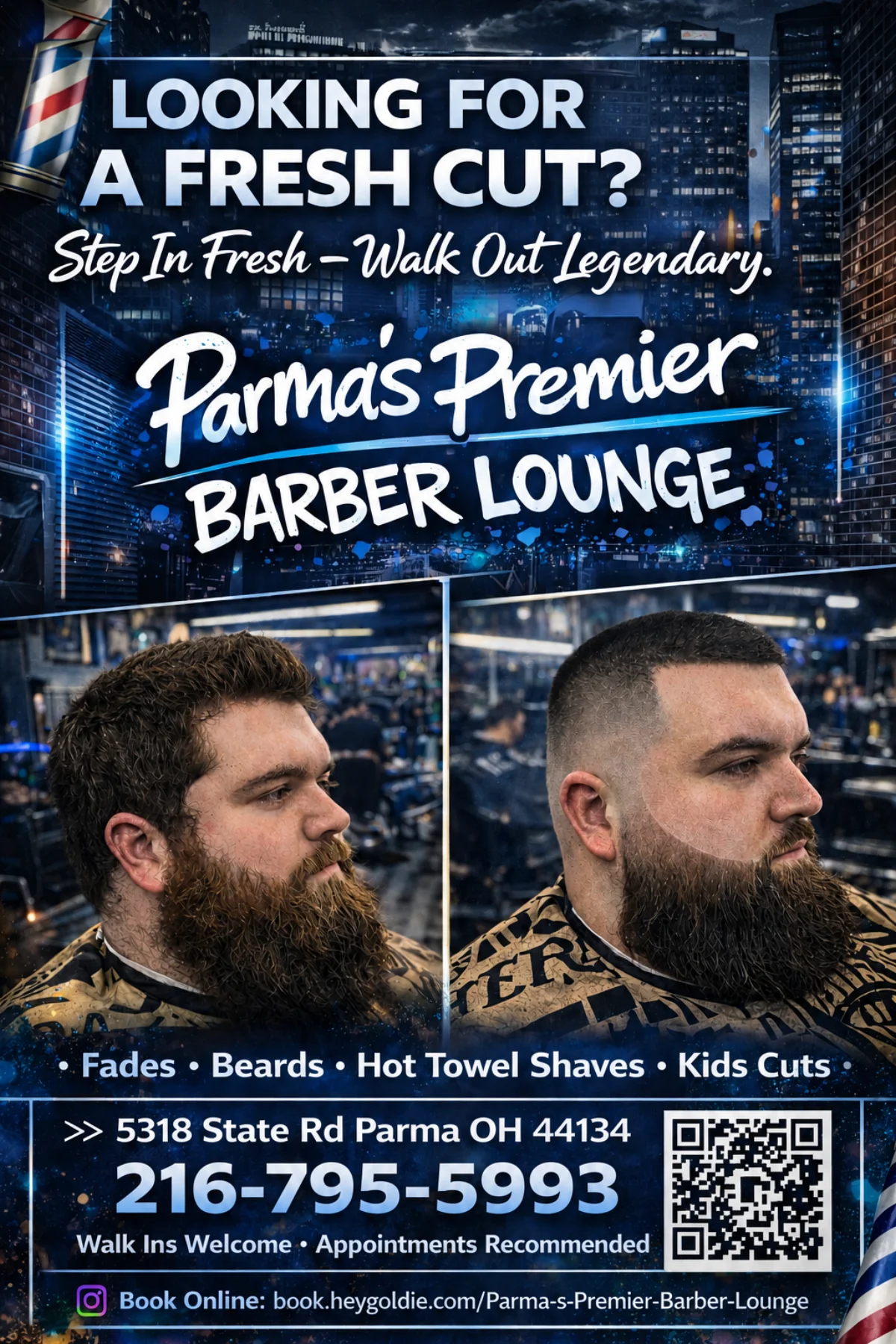 Flyer showing a before-and-after fade and beard transformation at Parma's Premier Barber Lounge.