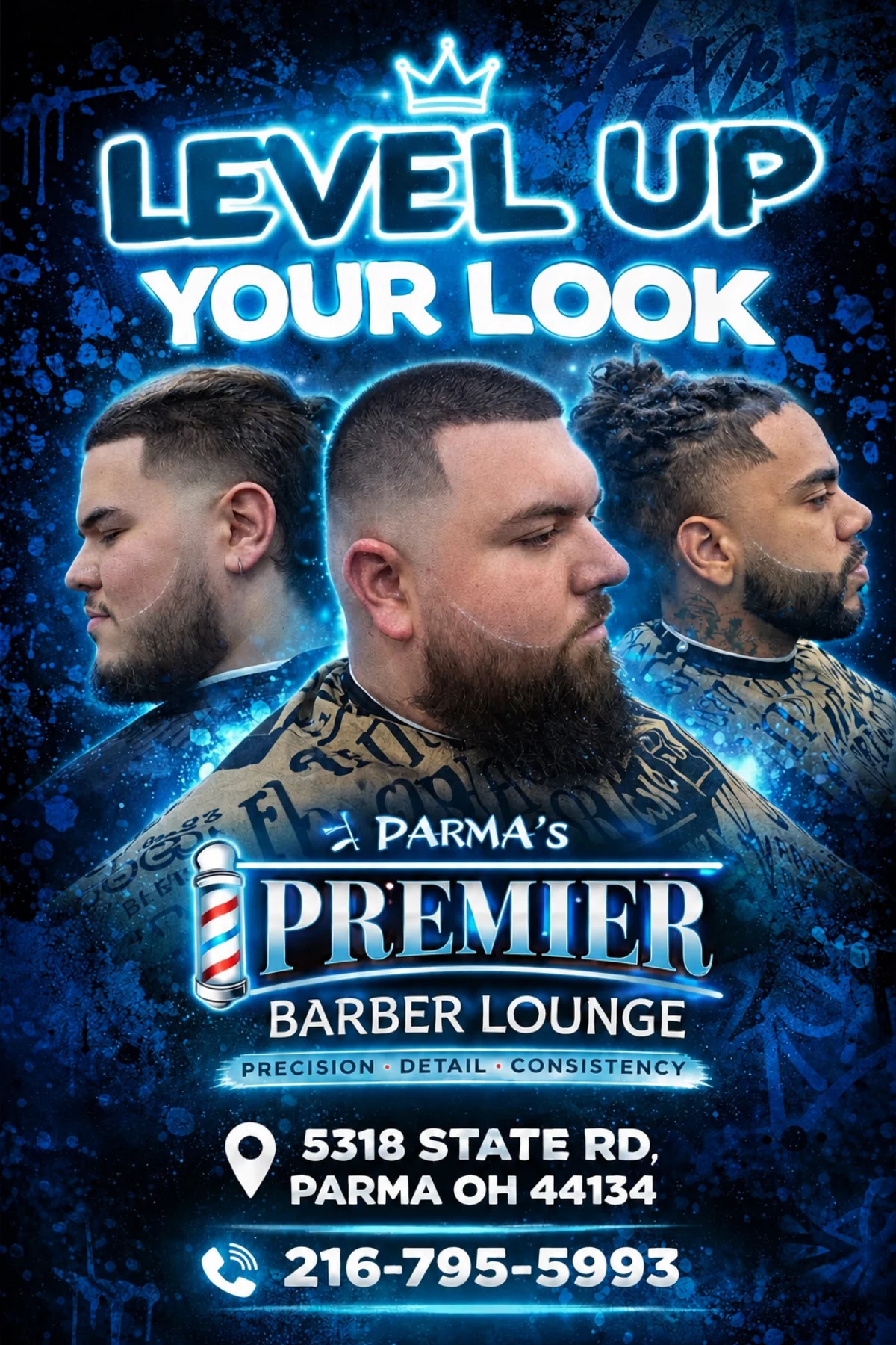 Promotional flyer featuring three client haircut results at Parma's Premier Barber Lounge.
