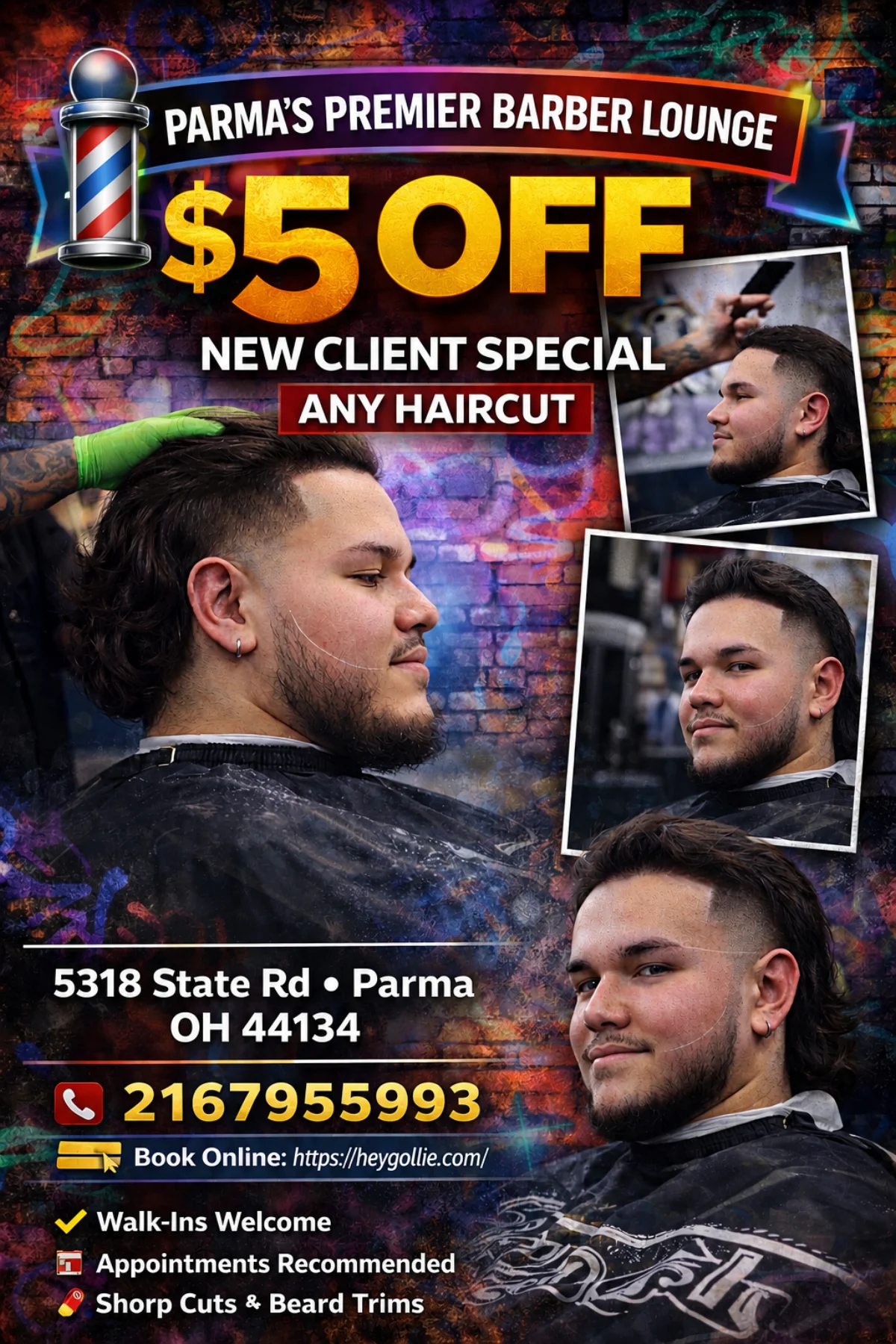 Promotional flyer offering $5 off any haircut for new clients at Parma's Premier Barber Lounge.