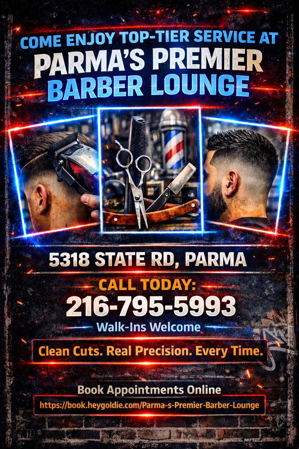 Flyer showcasing barber tools and clean cut results at Parma's Premier Barber Lounge.