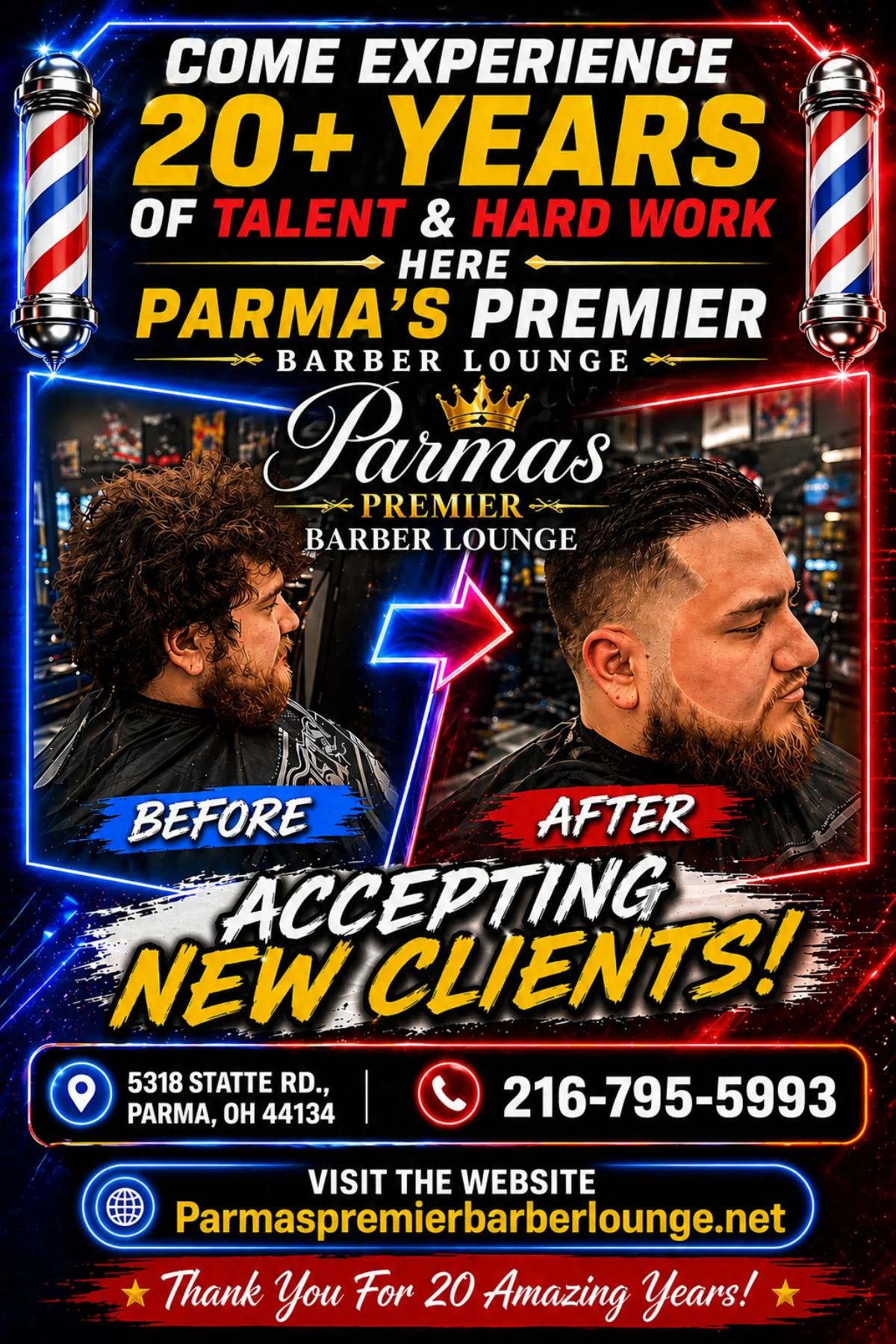 Anniversary flyer celebrating 20+ years of barbering at Parma's Premier Barber Lounge.